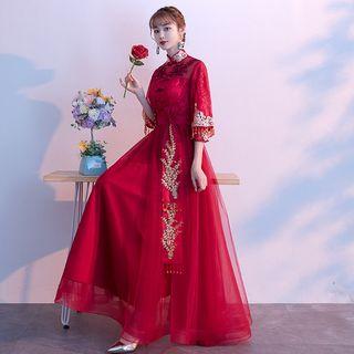3/4-sleeve Floral Applique Lace A-line Evening Gown