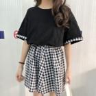 Set: Panel Short-sleeve T-shirt Dress + Gingham Mini Skirt