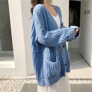 V-neck Long Cardigan Blue - One Size