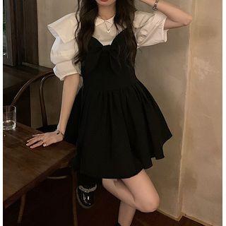Short-sleeve Collar Blouse / Bow Strappy Dress