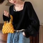 Bell-sleeve Contrast Trim Blouse Black - One Size