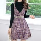Set: Scallop Trim Long-sleeve T-shirt + Plaid Mini Pinafore Dress