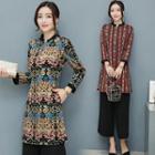 Set: Patterned 3/4 Sleeve Dress + Wide Leg Pants