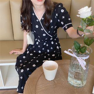 Puff-sleeve Printed Frill Trim Dress