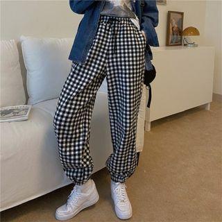 High-waist Plaid Pants Checked - One Size
