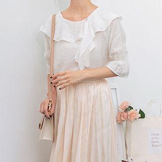 Elbow-sleeve Chiffon Blouse White - One Size