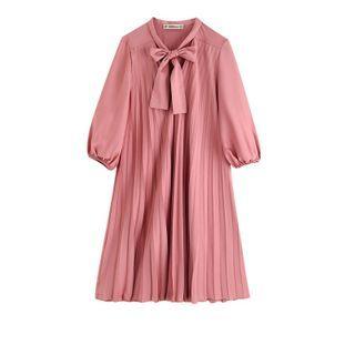 Long-sleeve Tie-neck Pleated Midi A-line Dress