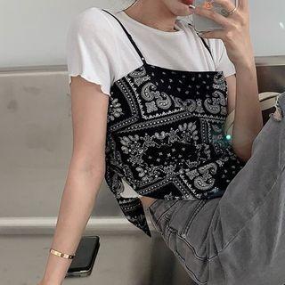 Short-sleeve Plain T-shirt / Printed Asymmetrical Camisole Top