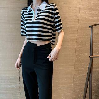 Striped Short-sleeve Cropped Polo Shirt / High-waist Slit-hem Straight-cut Pants