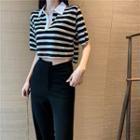 Striped Short-sleeve Cropped Polo Shirt / High-waist Slit-hem Straight-cut Pants