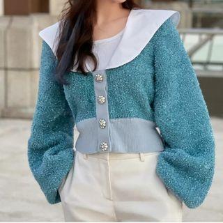 Long-sleeve Sailor Collar Rhinestone Button-up Knit Top