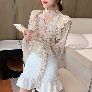 Floral Tie-neck Ruffle Trim Blouse