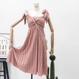 Cutout-back Ribbon-strap Checked A-line Dress