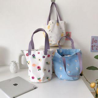 Floral Embroidered Mesh Bucket Bag