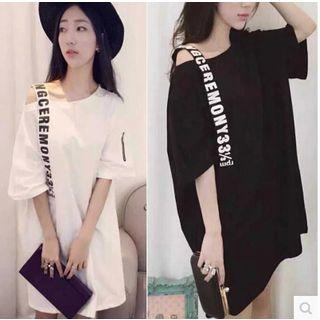 Elbow-sleeve Lettering Strap Oversized Top