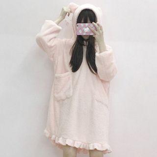 Ear Accent Hooded Long-sleeve Mini Fleece Sleep Dress