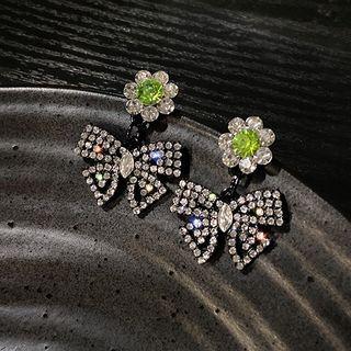 Flower Bow Rhinestone Dangle Earring 1 Pair - Green & Black - One Size