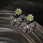 Flower Bow Rhinestone Dangle Earring 1 Pair - Green & Black - One Size