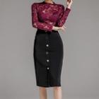 Set: Long-sleeve Lace Top + Midi Pencil Skirt