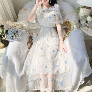 Short-sleeve Butterfly Detail Lace Trim Midi A-line Dress