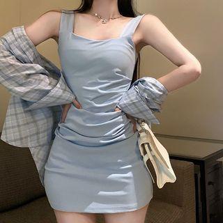Sleeveless Mini Bodycon Dress / Plaid Shirt
