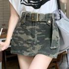 Belted Camouflage Print Mini Skirt