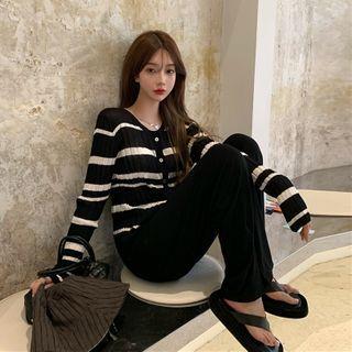 Contrast Striped Knit Cardigan / Drawstring Waist Straight-cut Pants