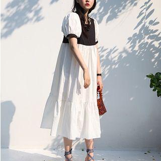 Ruffle-trim Square-neck Puff-sleeve Midi Dress Black & White - One Size