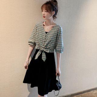 Set: Plaid Short-sleeve Shirt + Strappy A-line Dress