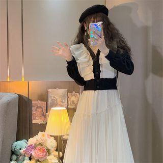 Long-sleeve Ruffled Two-tone Midi A-line Dress