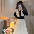 Long-sleeve Ruffled Two-tone Midi A-line Dress
