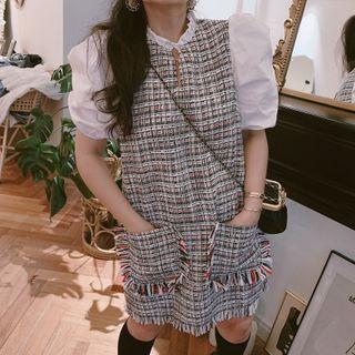 Puff-sleeve Plaid Panel Shift Dress