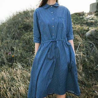 Pinstriped Elbow-sleeve Midi Shirt Dress