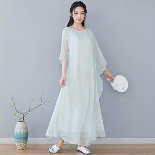 Plain Elbow-sleeve Maxi Chiffon Dress