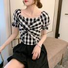 Balloon-sleeve Gingham Twisted Blouse