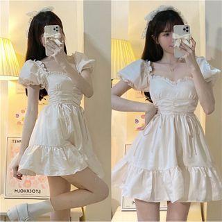 Puff-sleeve Frill Trim Drawstring Mini A-line Dress