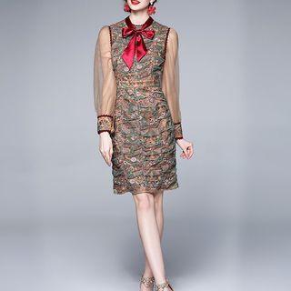 Long-sleeve Mesh Panel Embroidery Mini Dress