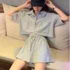 Collared Short-sleeve T-shirt / Drawstring Wide-leg Shorts