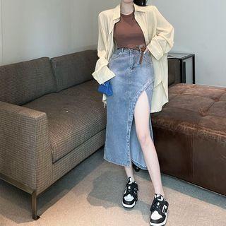 Asymmetrical Plain Tank Top / Long-sleeve Sheer Shirt / High-waist Slit Denim Midi Skirt
