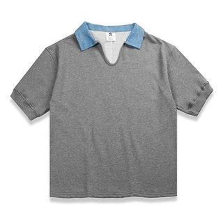 Denim Collar Short Sleeve Polo Shirt