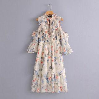Cutout Shoulder Printed Long-sleeve Dress