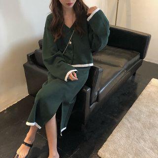 Set: Contrast Trim Button-front Top + Side-slit Skirt