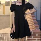 Cold-shoulder Plain Mini A-line Dress Black - One Size