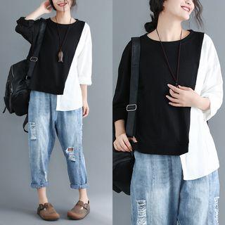 Long-sleeve Two-tone Asymmetrical T-shirt