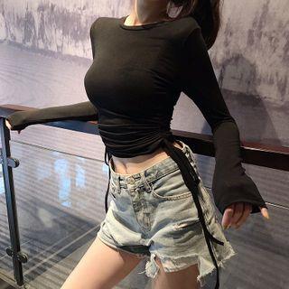 Drawstring Long-sleeve Slim-fit Cropped Top