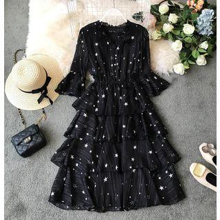 Bell-sleeve Star Print Midi Layered Dress