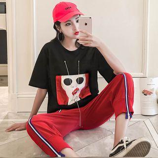 Set: Printed Elbow-sleeve T-shirt + Sweatpants
