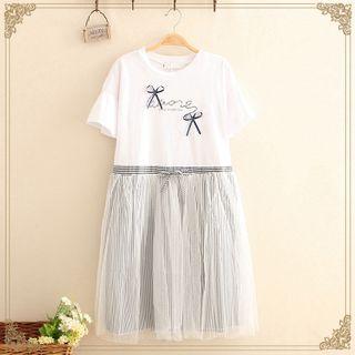 Printed Mesh Panel Short-sleeve Dress