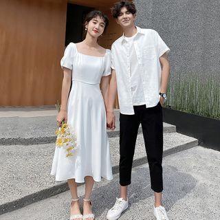 Couple Matching Short-sleeve Shirt / Puff-sleeve Midi A-line Dress