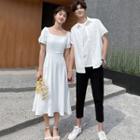 Couple Matching Short-sleeve Shirt / Puff-sleeve Midi A-line Dress